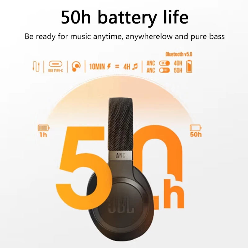 JBL Live 660 NC Headphones Wireless Bluetooth Noise-cancelling Stereo Mic 50H battery life Multi-point connected Headset